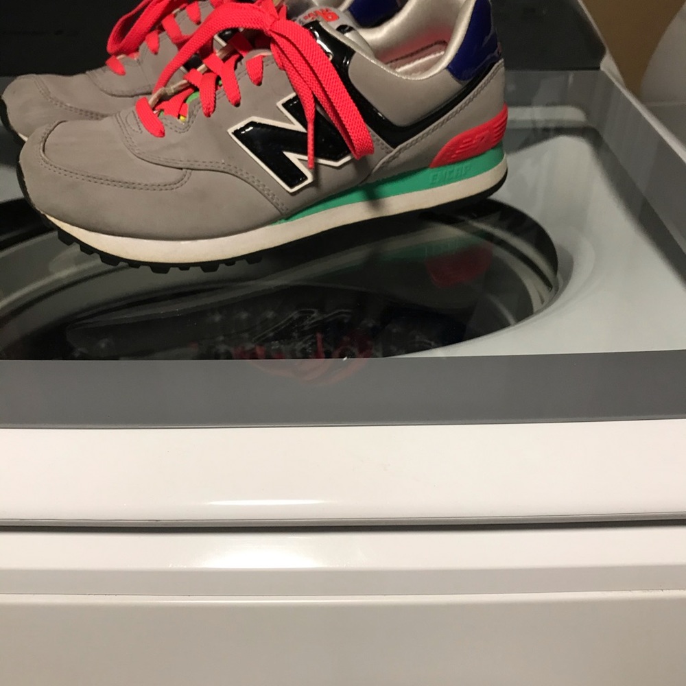 New Balance, grey w/ neon pink, teal and blue